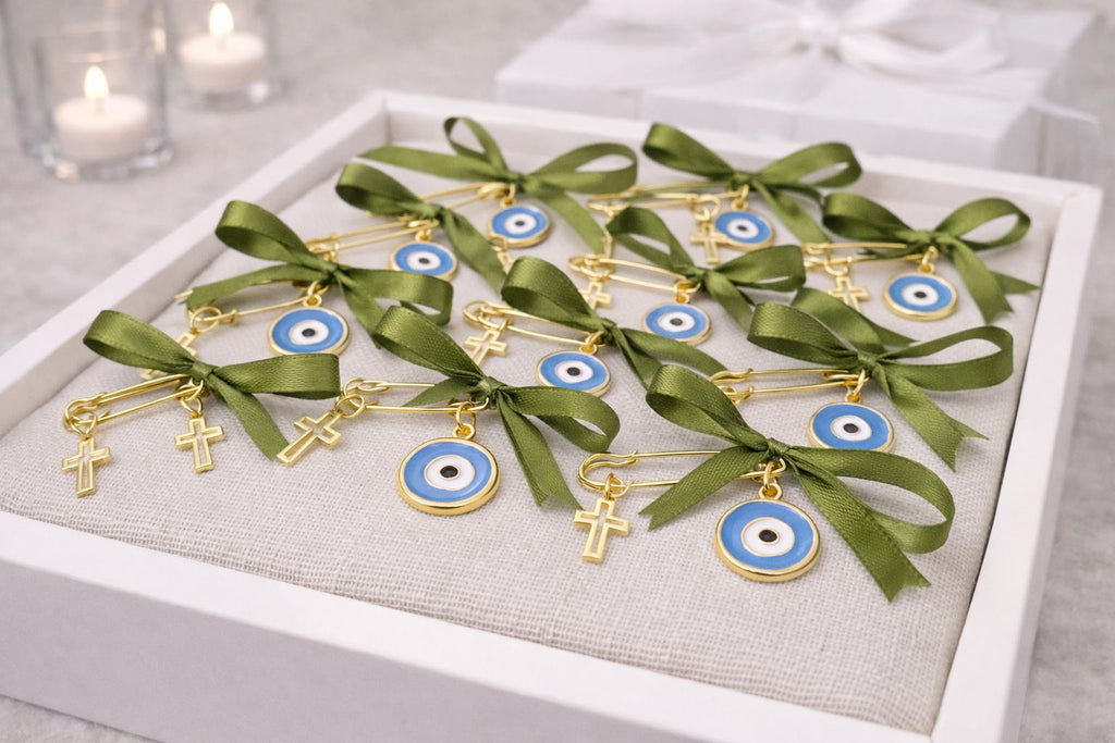 Christening Martyrika Pin | Baptism Witness Pins with Cross & Evil Eye | Greek Orthodox Baptism Favor (10 pcs)