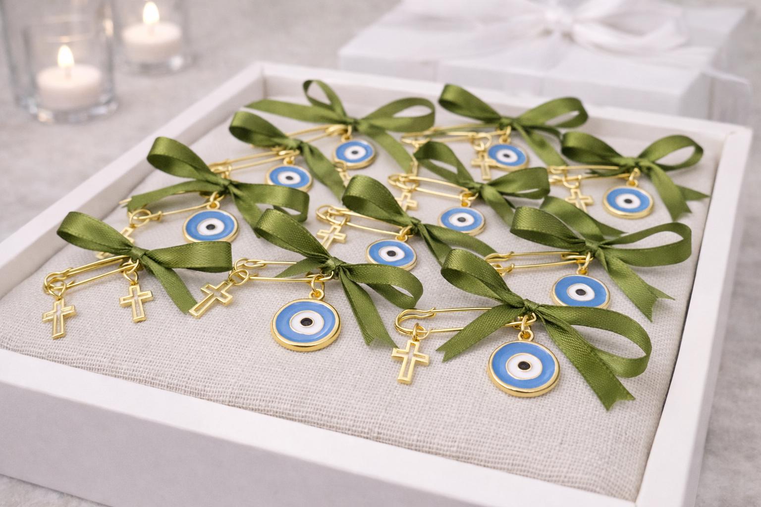 Christening Martyrika Pin | Baptism Witness Pins with Cross & Evil Eye | Greek Orthodox Baptism Favor (10 pcs)