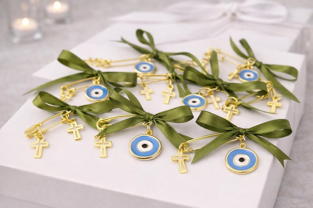 Christening Martyrika Pin | Baptism Witness Pins with Cross & Evil Eye | Greek Orthodox Baptism Favor (10 pcs)