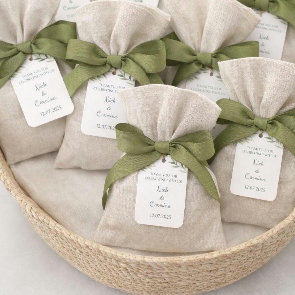Personalized Olive Bombonieres – Linen Wedding Pouch with sage Green Ribbon, Custom Tag | Greek Italian Favor, Mediterranean Confetti 10pcs