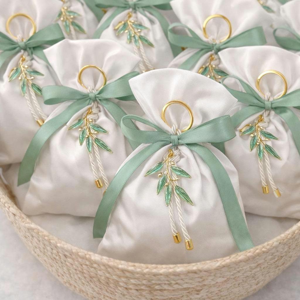 Greek Orthodox Olive Branch Wedding Favor , Sage green  Bomboniere | Satin bag Koufeta bomboniera Set of 10
