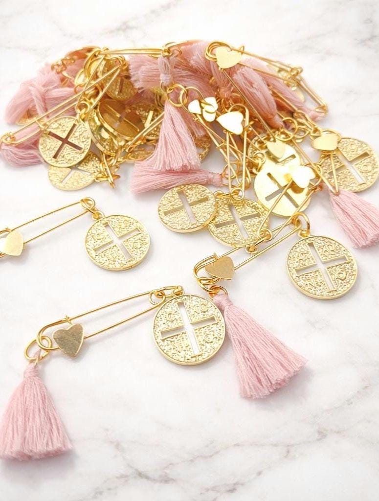 Greek Orthodox Cross Martyrika Safe Pins Baptism, pink Christening Favours 10 pcs