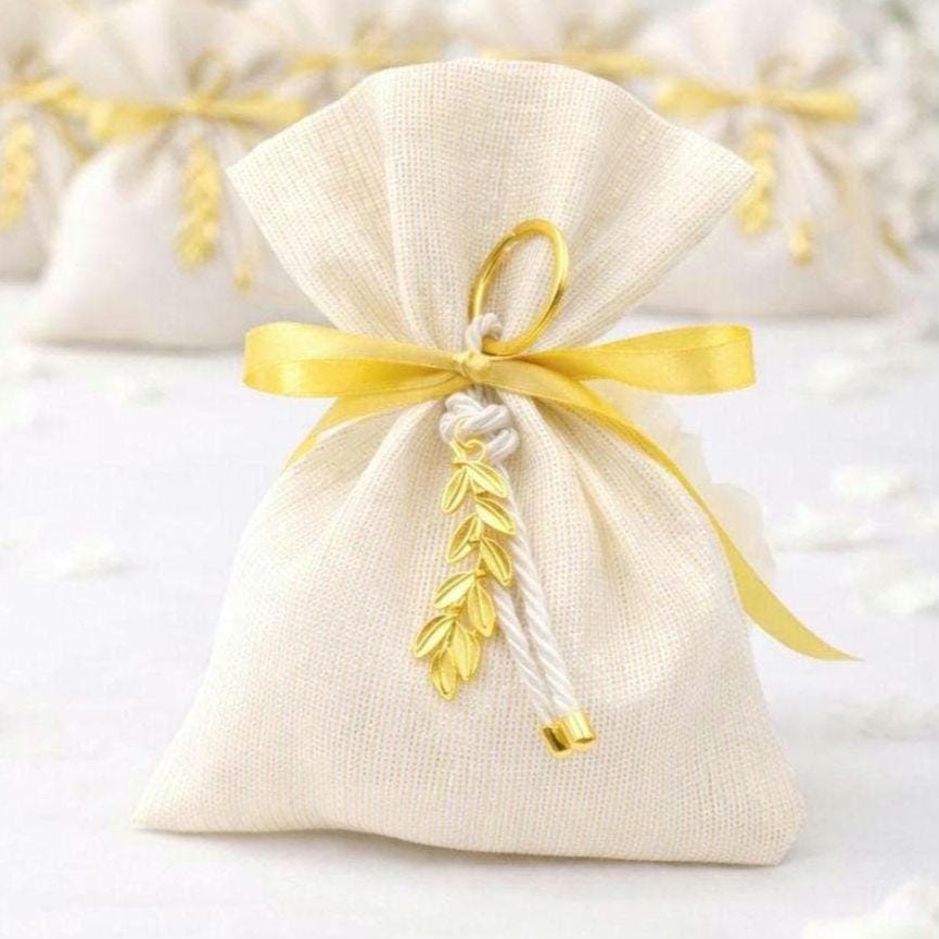 Elegant Wedding Favors – Handmade Ivory Pouches with Gold Olive Leaf Keychains (Set of 10)