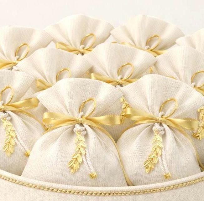 Elegant Wedding Favors – Handmade Ivory Pouches with Gold Olive Leaf Keychains (Set of 10)