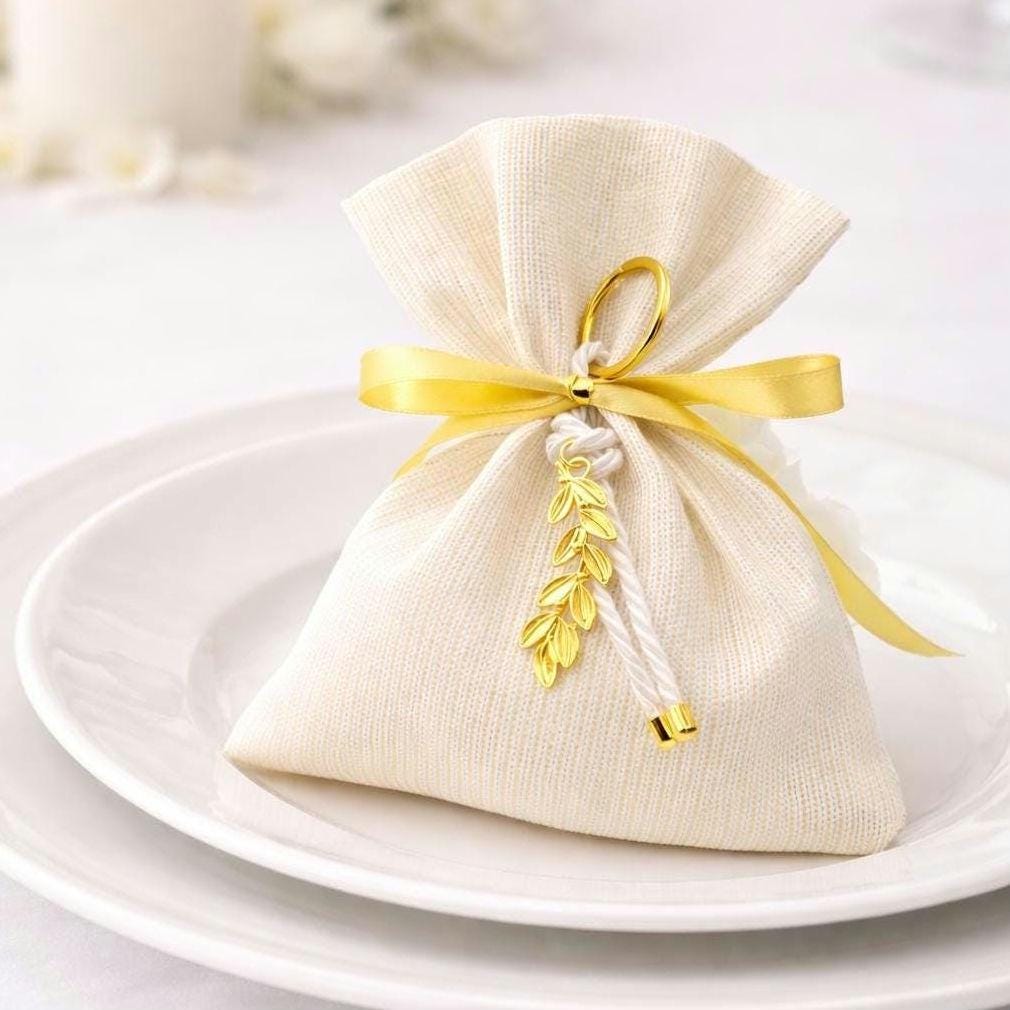 Elegant Wedding Favors – Handmade Ivory Pouches with Gold Olive Leaf Keychains (Set of 10)