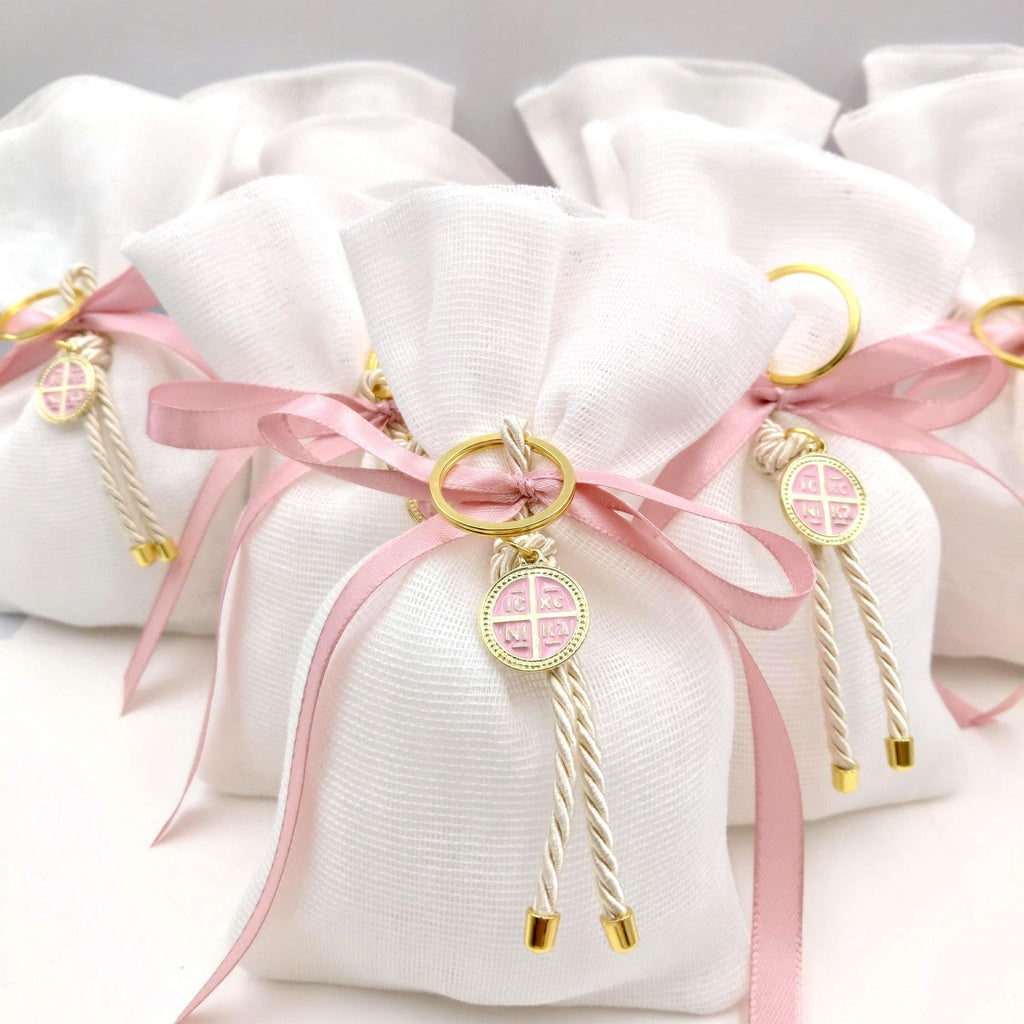 Girl baptism Favors – Greek  Bomboniere – Christening Cross Keychain Party Favor, first communion pouch 10 pcs