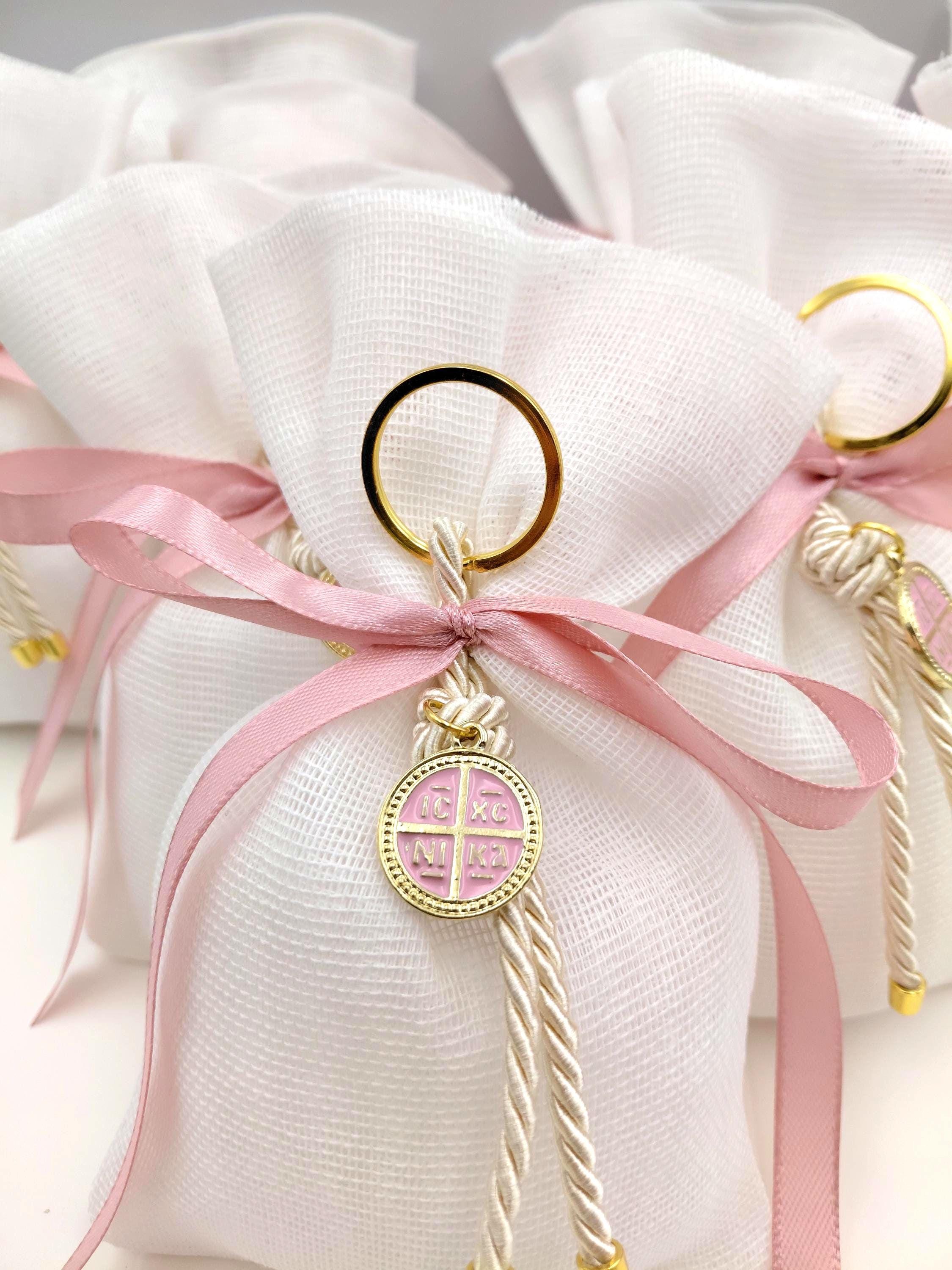Girl baptism Favors – Greek  Bomboniere – Christening Cross Keychain Party Favor, first communion pouch 10 pcs