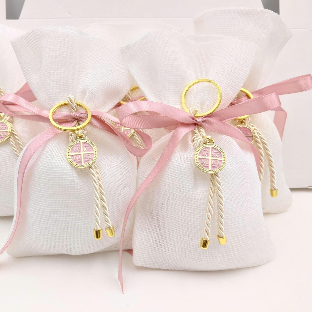 Girl baptism Favors – Greek  Bomboniere – Christening Cross Keychain Party Favor, first communion pouch 10 pcs
