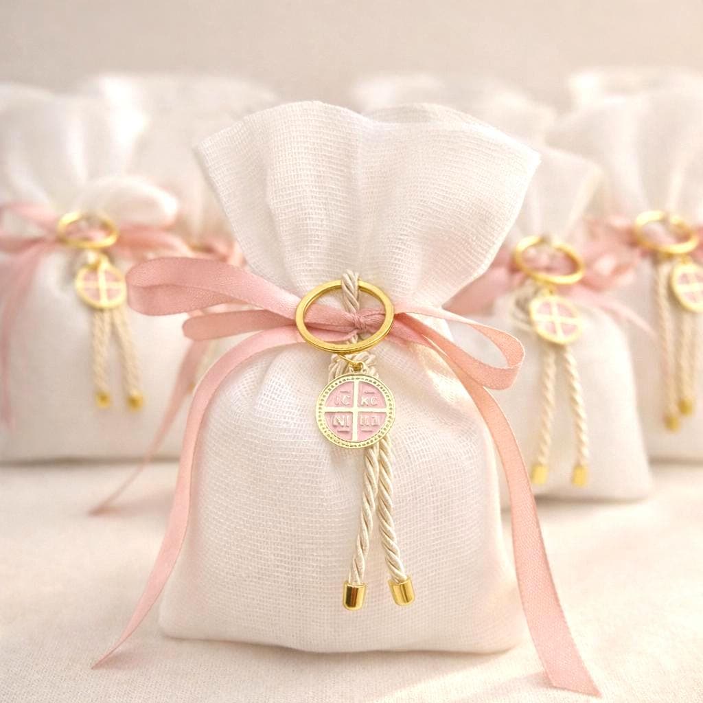 Girl baptism Favors – Greek  Bomboniere – Christening Cross Keychain Party Favor, first communion pouch 10 pcs