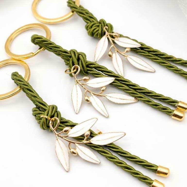 Greek Wedding Keychain Favor, Olive Branch Enamel Jewelry, Luxury Event Party Gift, Bridal Shower Keepsake, 10 pcs