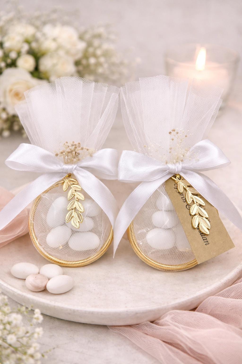 Greek Orthodox Ring Tulle Wedding Favors – Gold Olive Leaf Koufeta Bags, Engagement  gifts set of 10