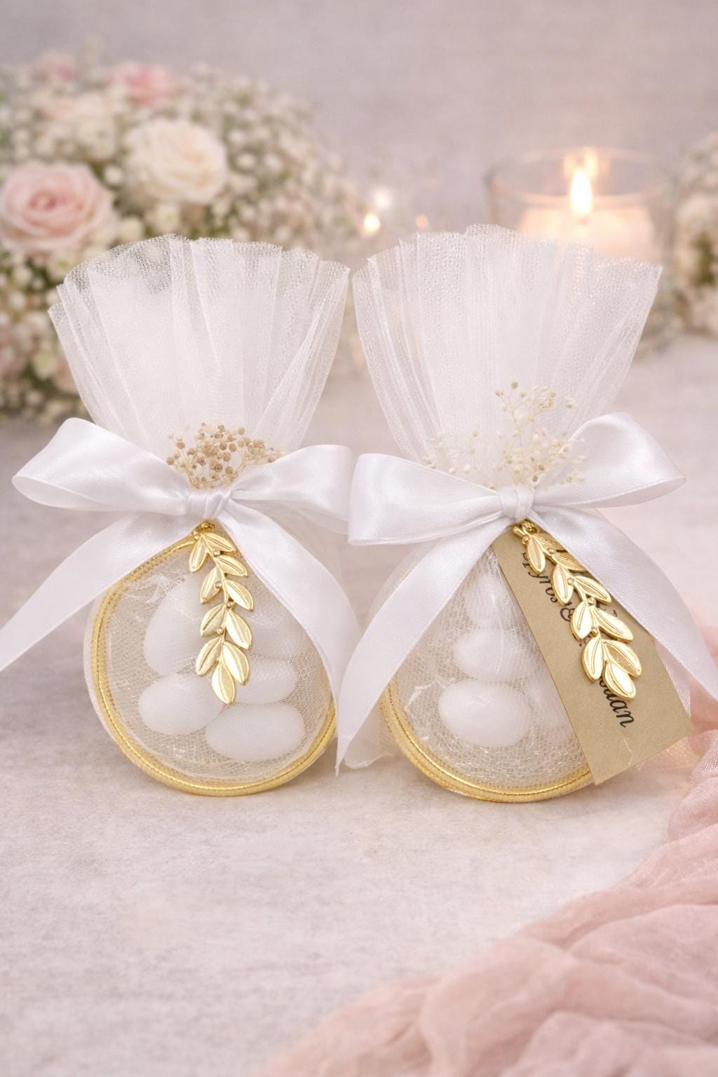 Greek Orthodox Ring Tulle Wedding Favors – Gold Olive Leaf Koufeta Bags, Engagement  gifts set of 10