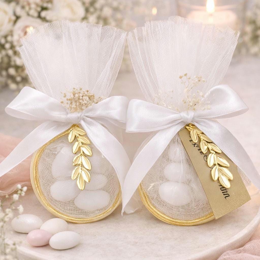 Greek Orthodox Ring Tulle Wedding Favors – Gold Olive Leaf Koufeta Bags, Engagement  gifts set of 10