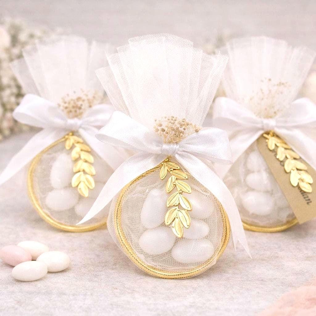 Greek Orthodox Ring Tulle Wedding Favors – Gold Olive Leaf Koufeta Bags, Engagement  gifts set of 10