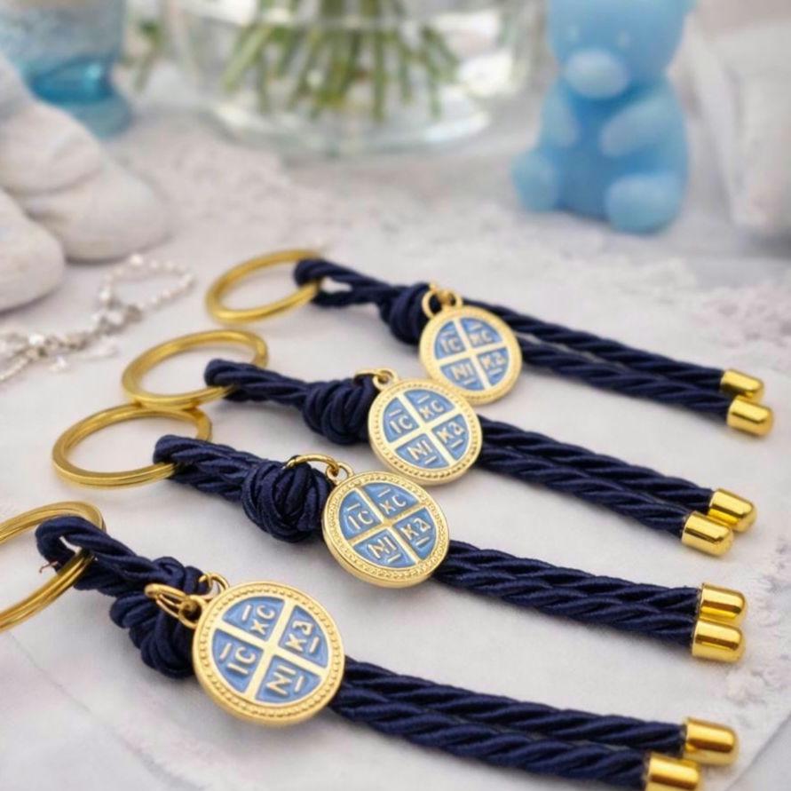 Baptism Cross Keychain Favors Greek Orthodox Martyrika Set of 10, Blue religious keepsake
