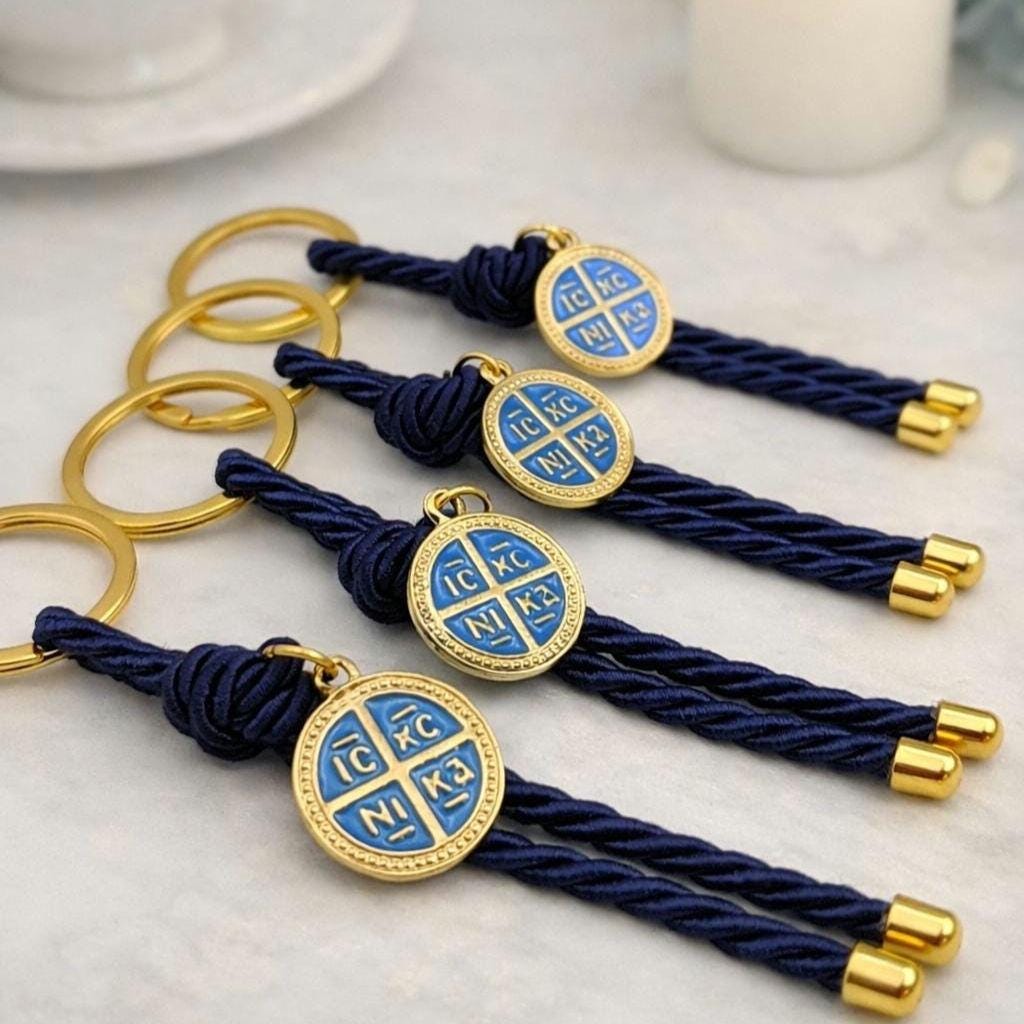 Baptism Cross Keychain Favors Greek Orthodox Martyrika Set of 10, Blue religious keepsake