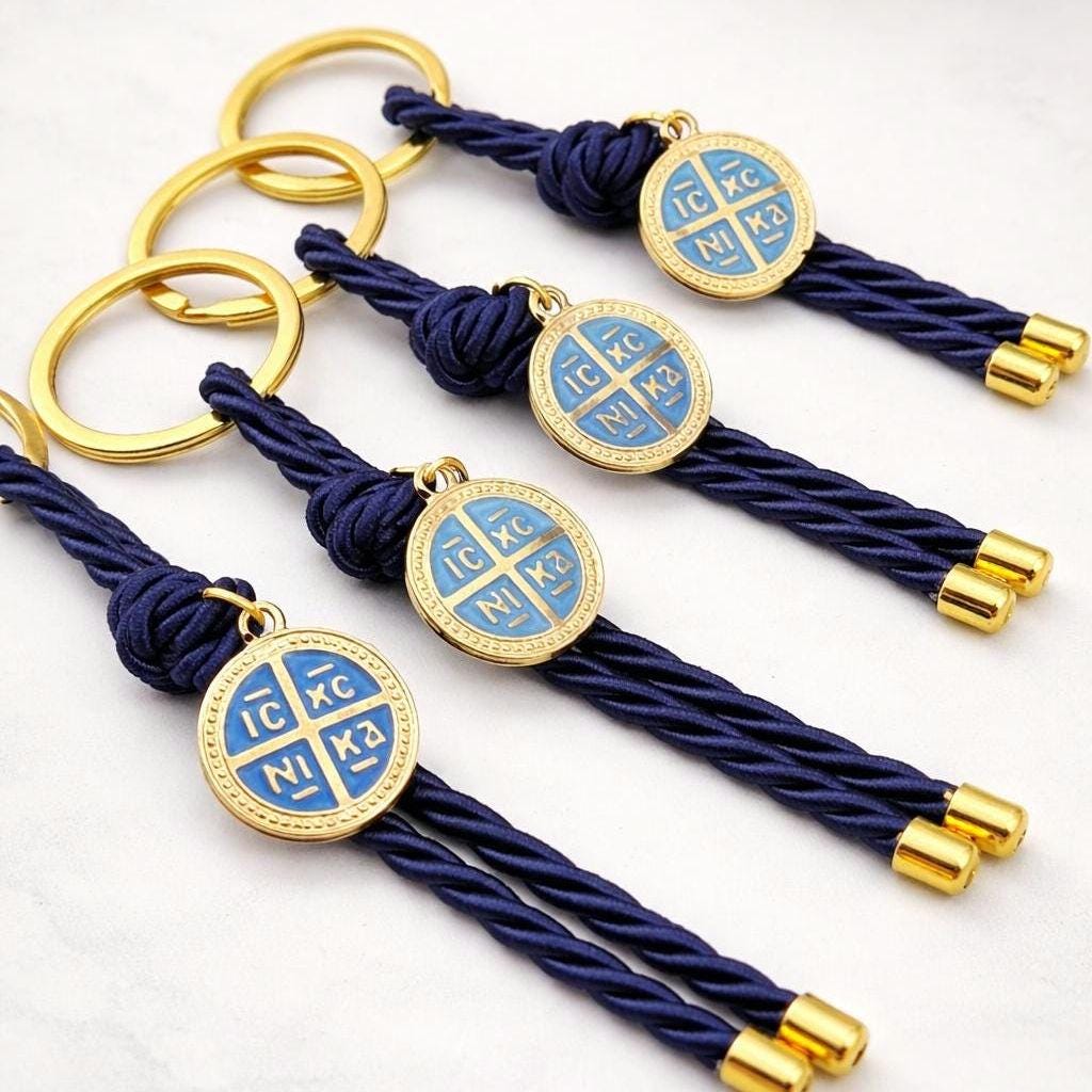 Baptism Cross Keychain Favors Greek Orthodox Martyrika Set of 10, Blue religious keepsake