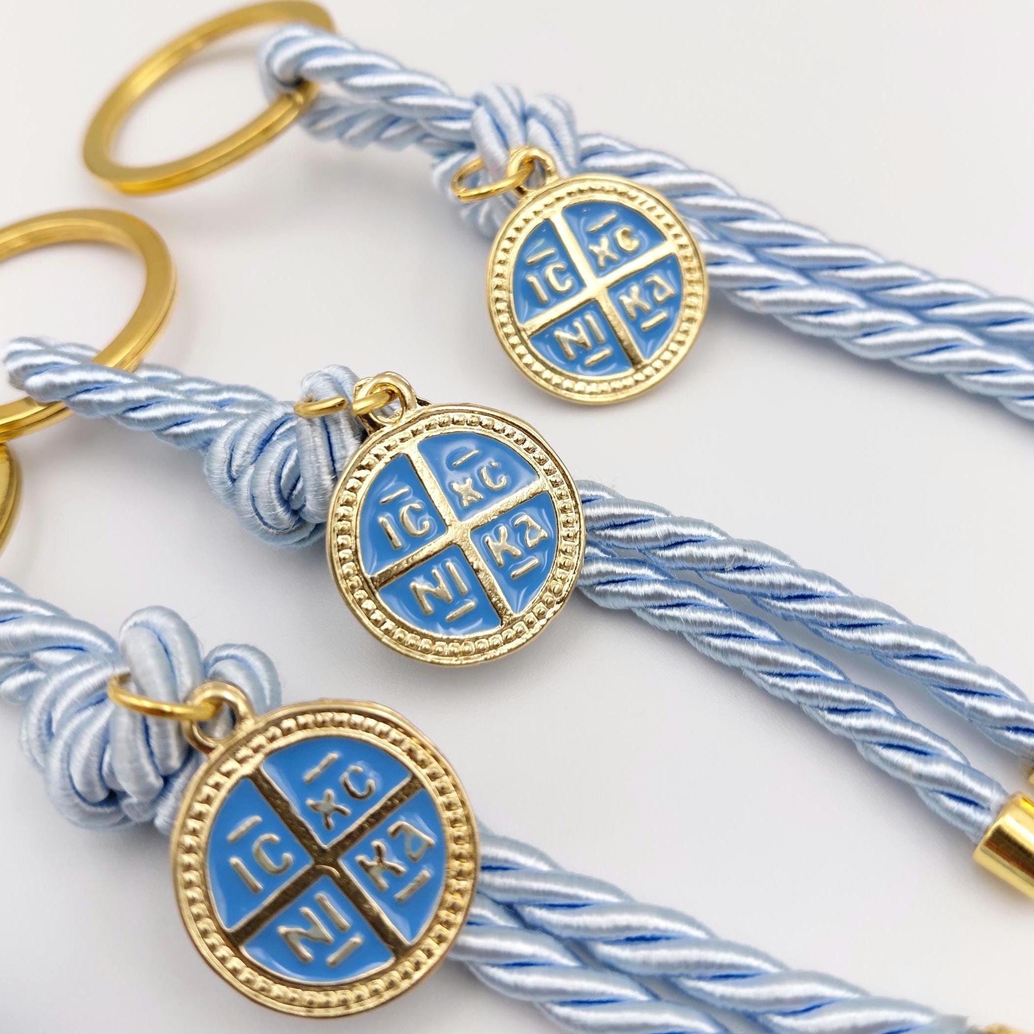 Blue Baptism Favors for Guests – Byzantine Cross Keychain Set of 10 – Greek Orthodox Christening Martyrika