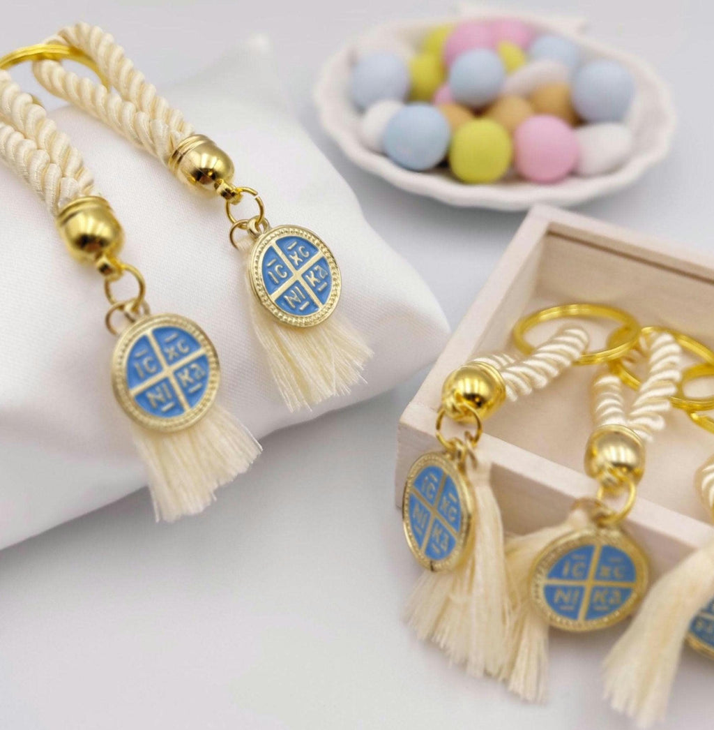 Greek Orthodox Baptism Favors Martyrika Cross Keychain Set of 10 – Blue Enamel ICXC NIKA Christening Favors