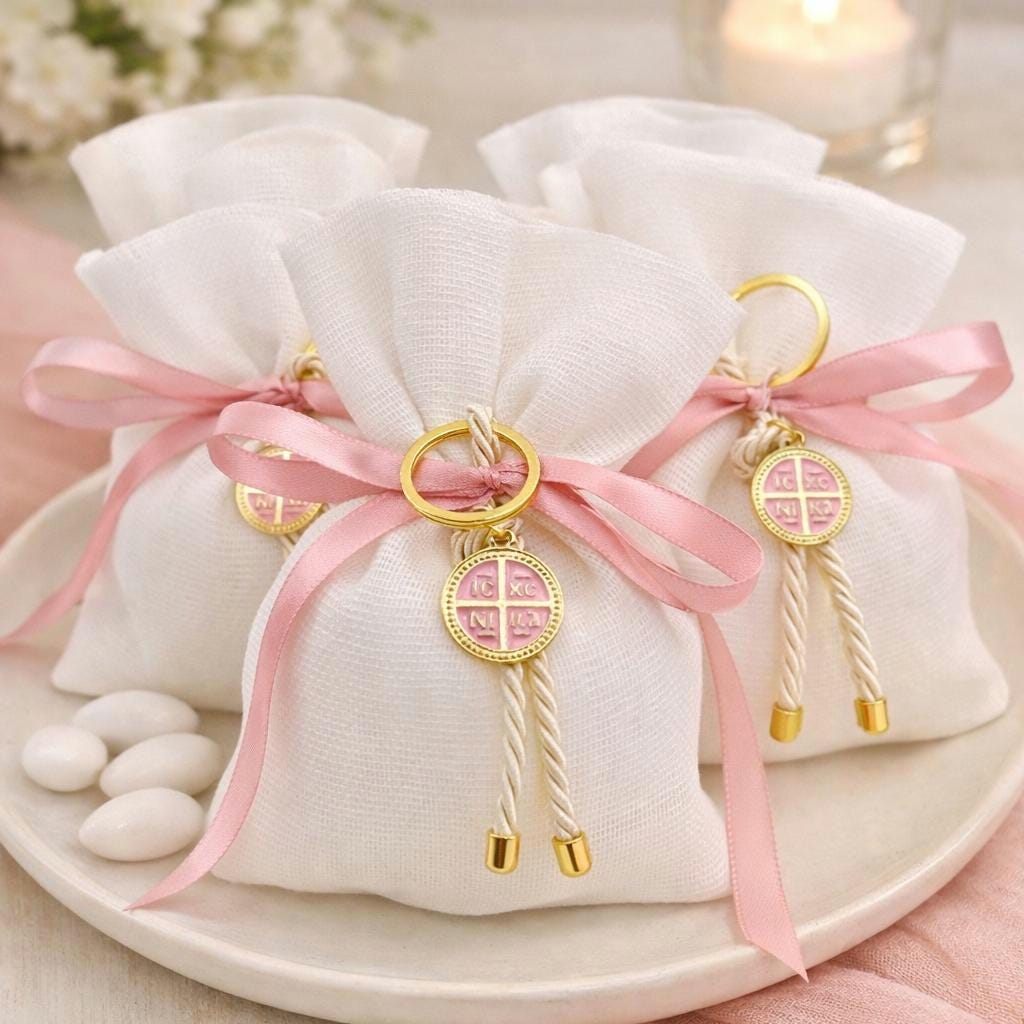 Girl baptism Favors – Greek  Bomboniere – Christening Cross Keychain Party Favor, first communion pouch 10 pcs