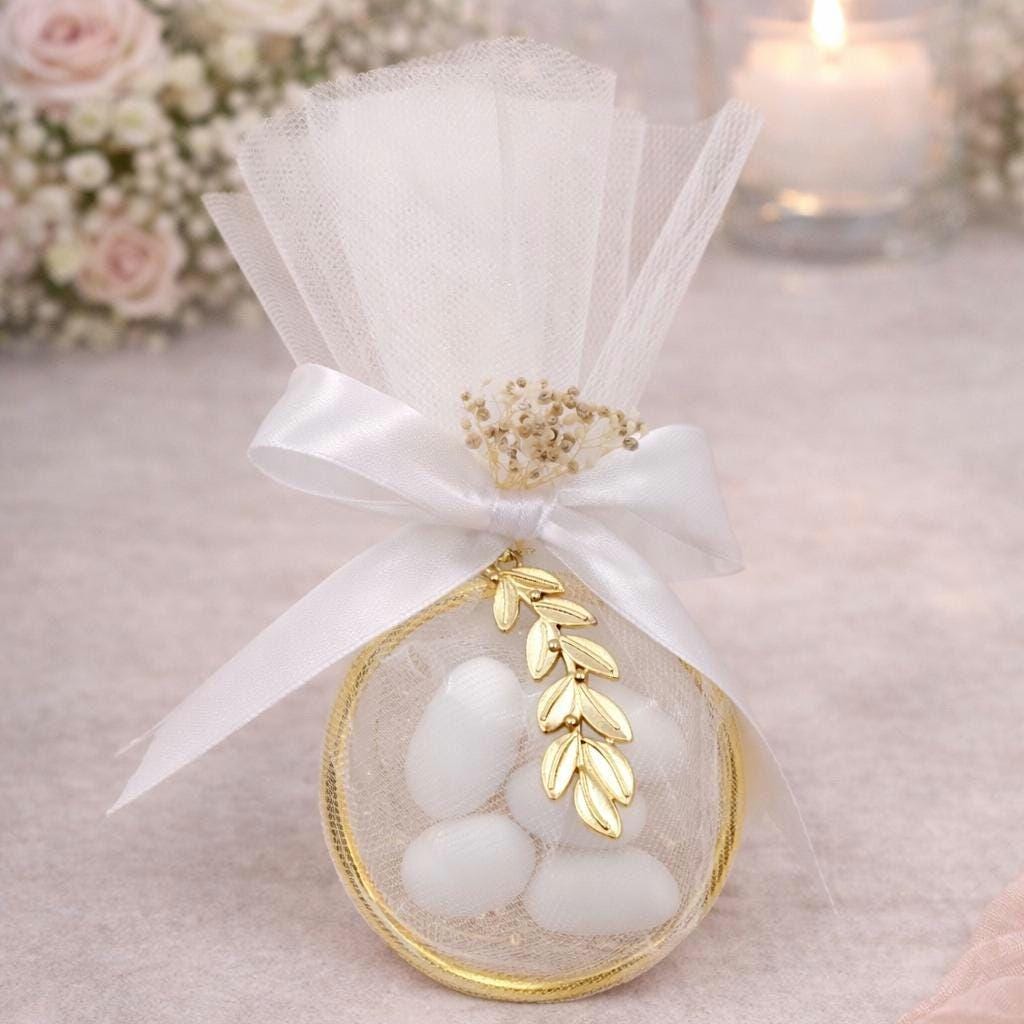 Greek Orthodox Ring Tulle Wedding Favors – Gold Olive Leaf Koufeta Bags, Engagement  gifts set of 10