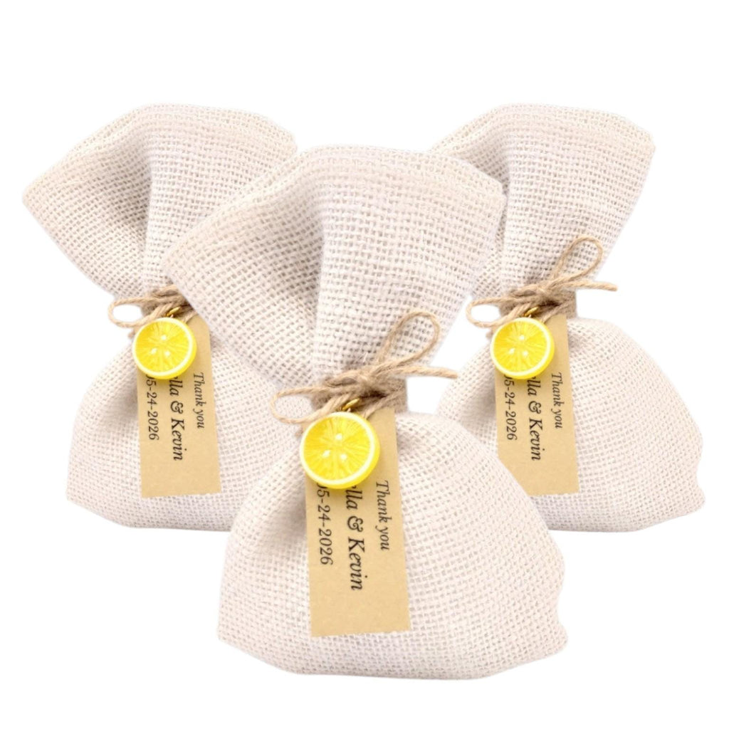 Lemon Wedding Favors with Koufeta, Burlap  Bags with Lemon Charm, Greek Bomboniere, Personalized Wedding Favors 10 pcs