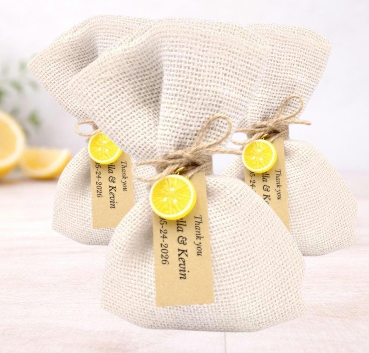 Lemon Wedding Favors with Koufeta, Burlap  Bags with Lemon Charm, Greek Bomboniere, Personalized Wedding Favors 10 pcs