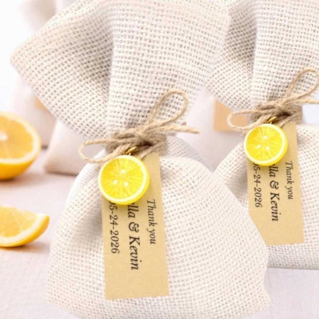 Lemon Wedding Favors with Koufeta, Burlap  Bags with Lemon Charm, Greek Bomboniere, Personalized Wedding Favors 10 pcs