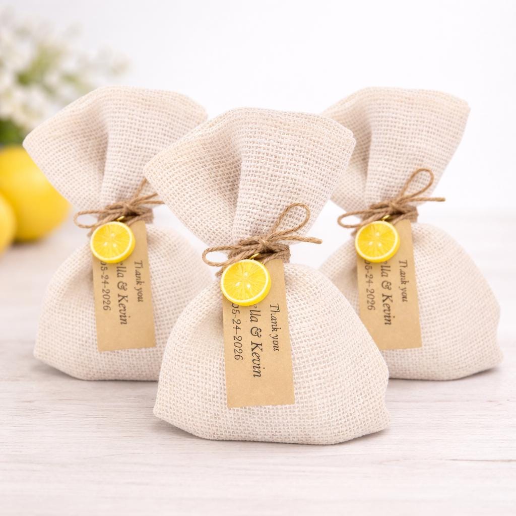 Lemon Wedding Favors with Koufeta, Burlap  Bags with Lemon Charm, Greek Bomboniere, Personalized Wedding Favors 10 pcs