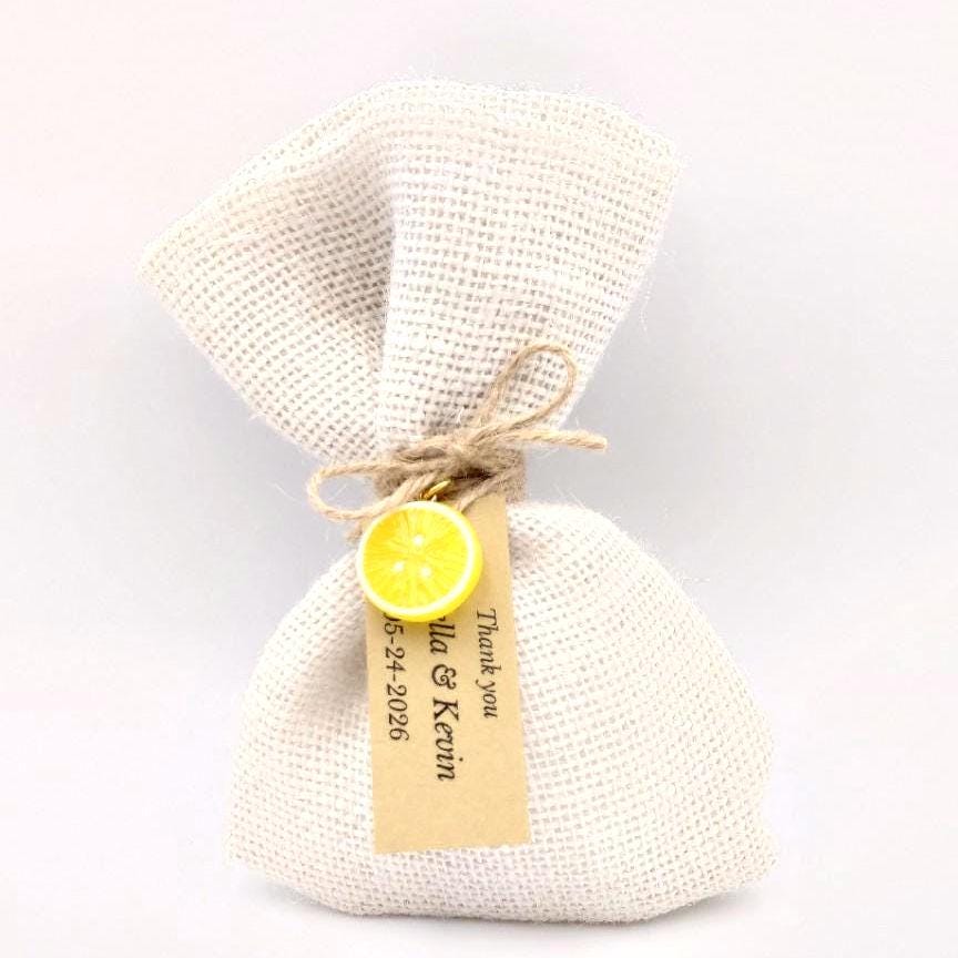 Lemon Wedding Favors with Koufeta, Burlap  Bags with Lemon Charm, Greek Bomboniere, Personalized Wedding Favors 10 pcs