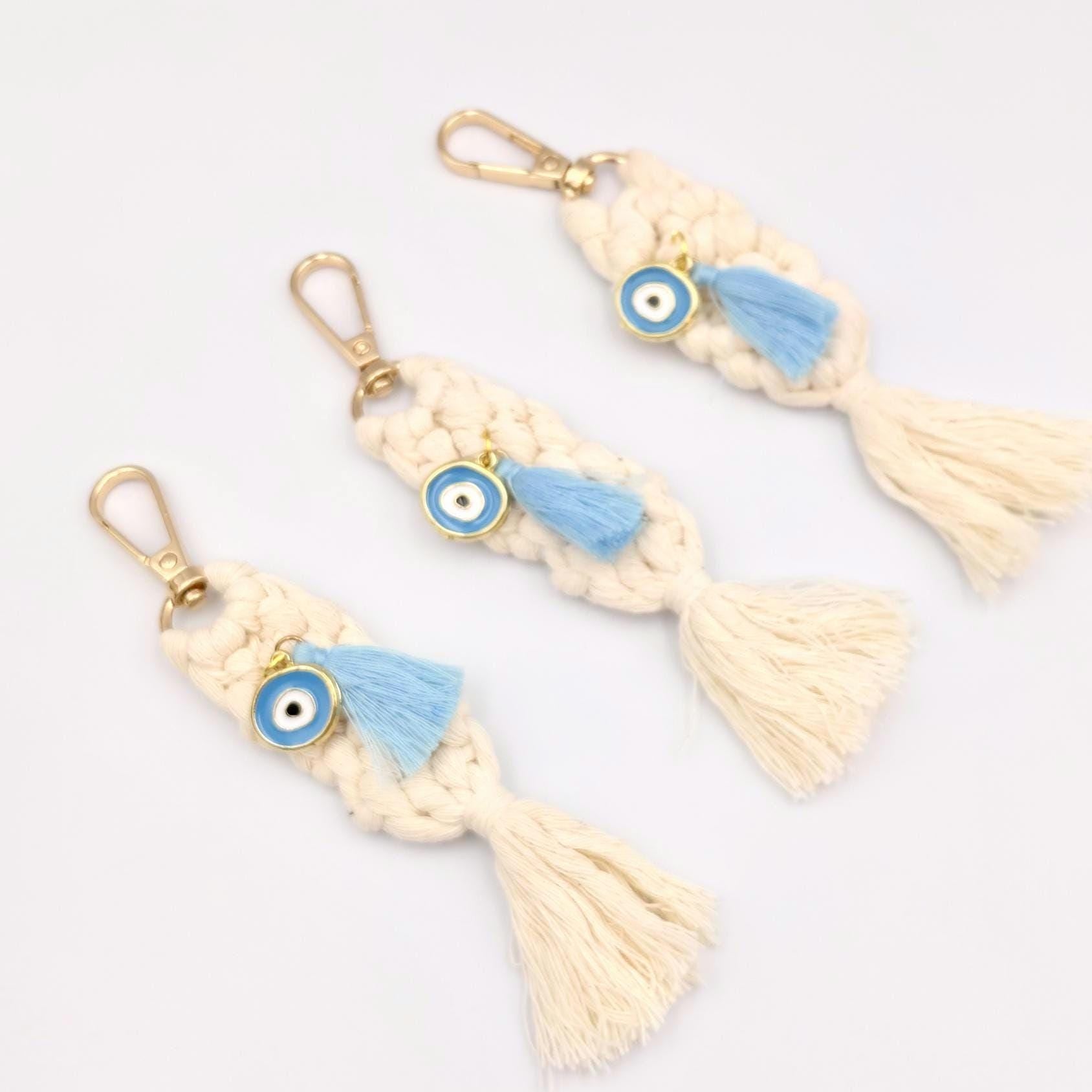 10 pcs Evil Eye Macrame Keychain Bag Charm – Greek Mati Baptism Favors – Martyrika – Boho Christening Favor Set – Baby shower