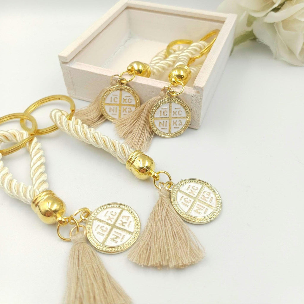 Konstantinato Cross Keychain Favors, Greek Orthodox Baptism Souvenir, mi bautizo favors (10 pcs)