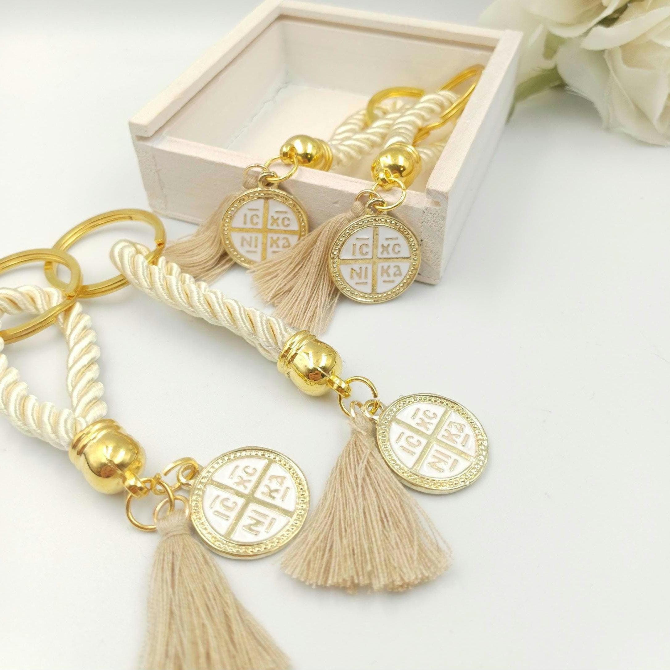 Konstantinato Cross Keychain Favors, Greek Orthodox Baptism Souvenir, mi bautizo favors (10 pcs)