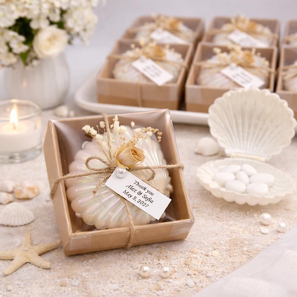 Seashell Wedding Favor Box, engagement gifts, Greek Bomboniere koufeta, Beach Wedding Favor with Sugared Almonds, 10 pcs.