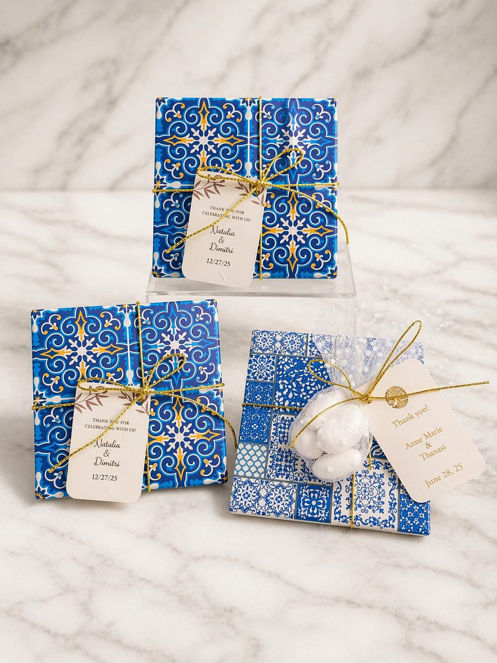 Greek Orthodox Wedding & Baptism Favor – Blue White Mediterranean Tile Coaster | Bomboniere Boy Baptism | Set of 10