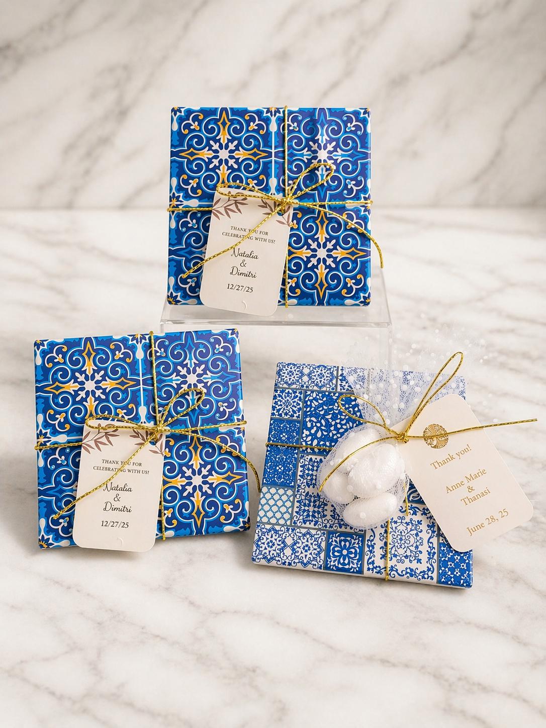 Greek Orthodox Wedding & Baptism Favor – Blue White Mediterranean Tile Coaster | Bomboniere Boy Baptism | Set of 10