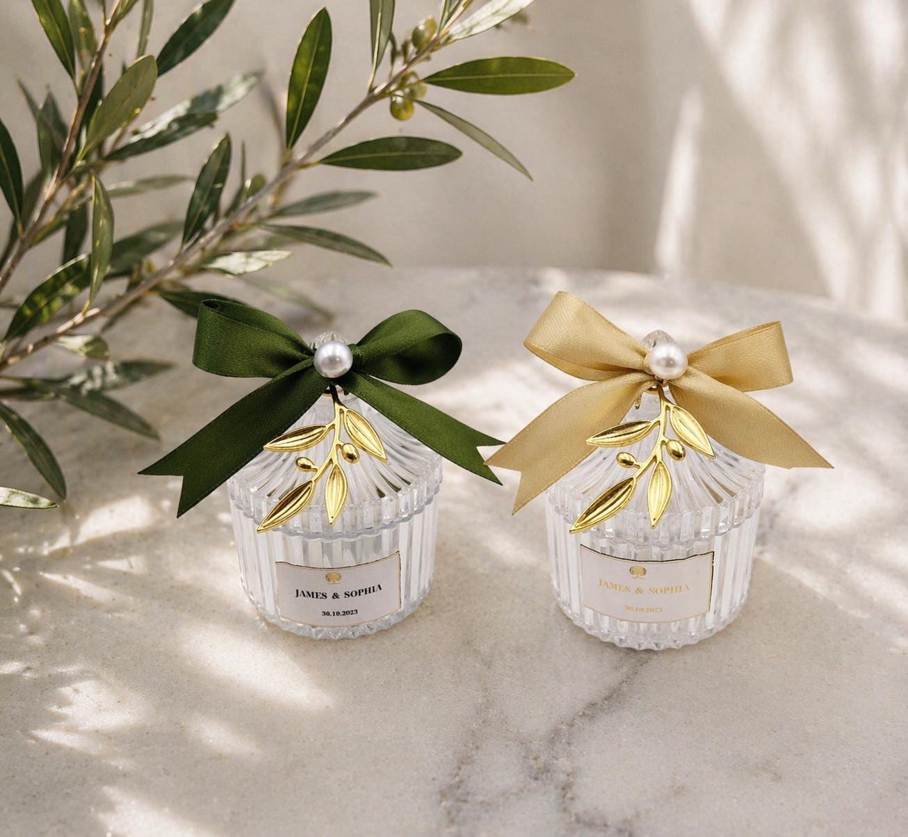 Acrylic Olive Branch Wedding Shower Bomboniere, Personalized Candy Box with Koufeta, bridal party, Set of 10
