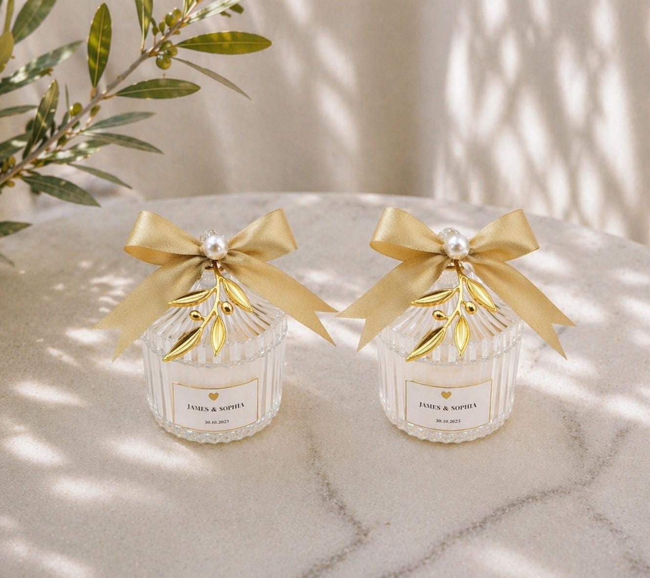 Acrylic Olive Branch Wedding Shower Bomboniere, Personalized Candy Box with Koufeta, bridal party, Set of 10