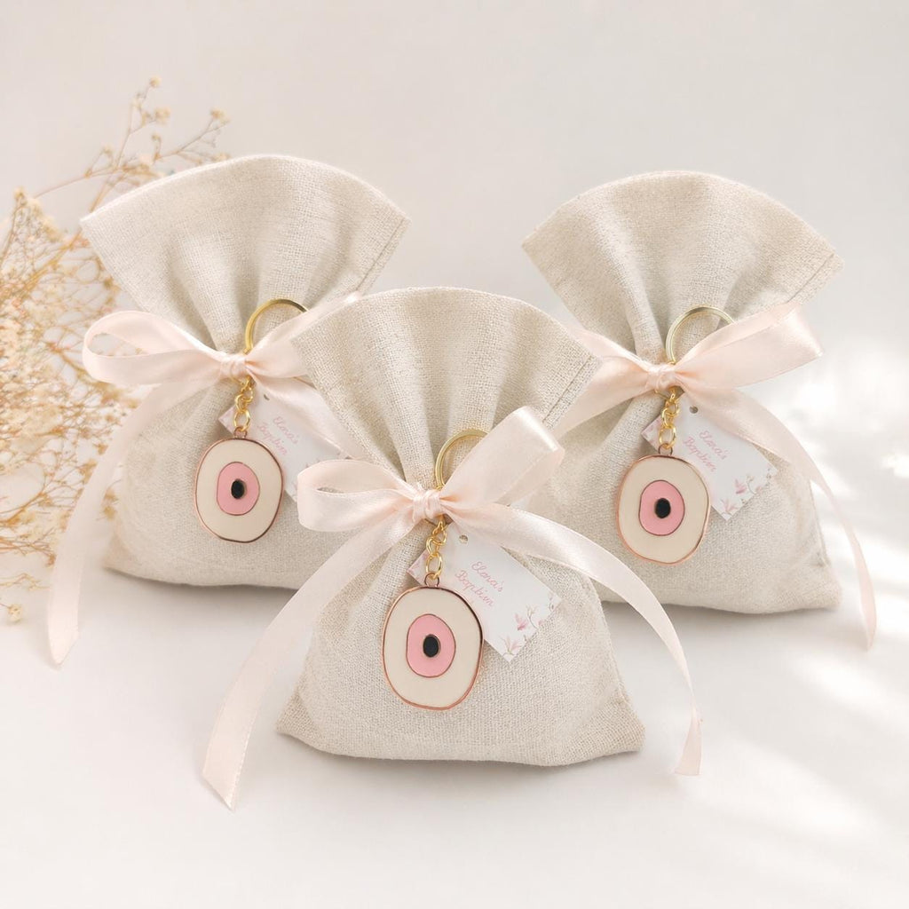 Greek Orthodox Baptism Favors Linen Bags Evil Eye Keychain Christening Bomboniere Baby Shower Gifts 10 Pcs