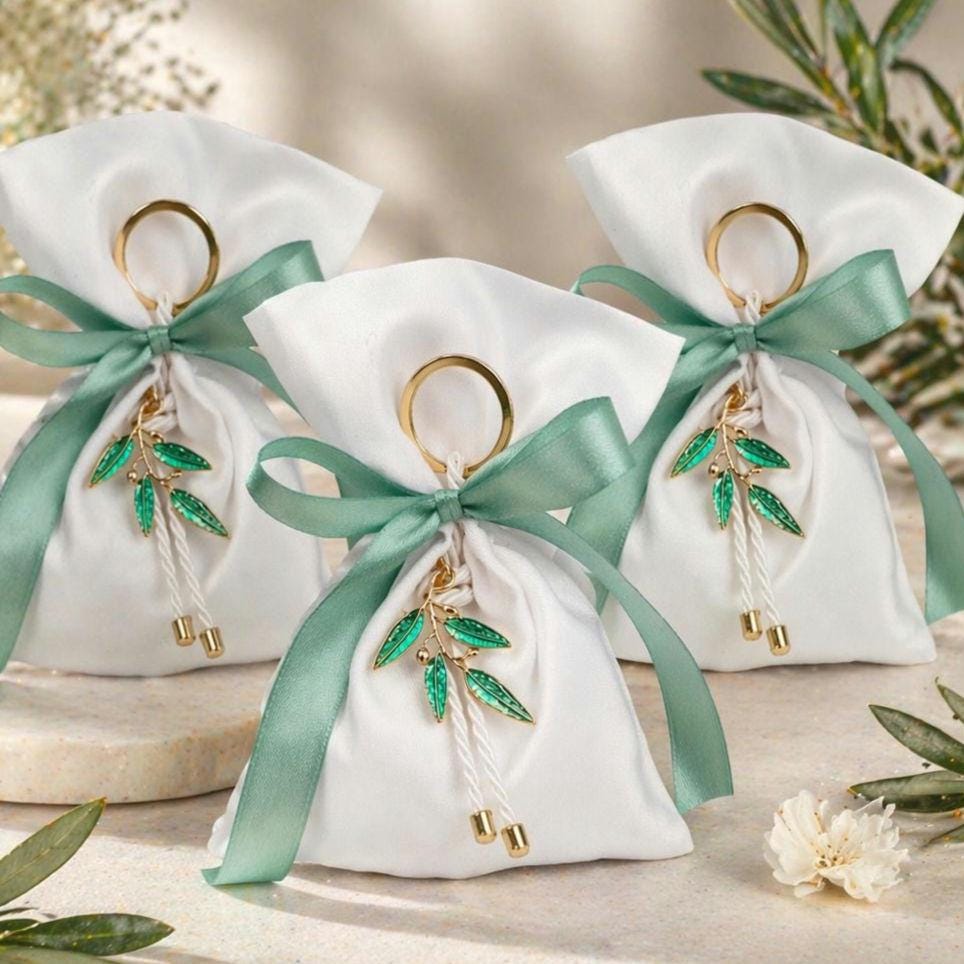 Greek Orthodox Olive Branch Wedding Favor , Sage green  Bomboniere | Satin bag Koufeta bomboniera Set of 10