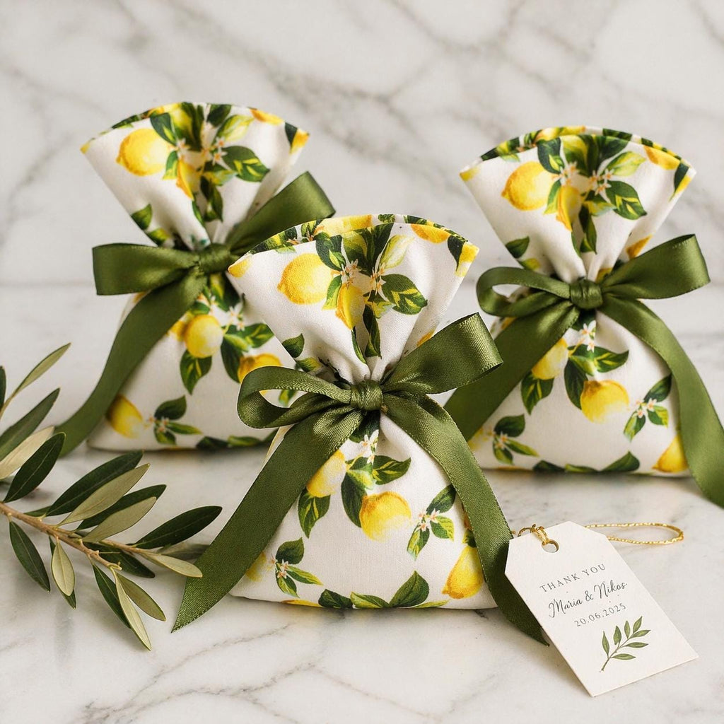 Lemon Wedding Favor Bags with Sugared Almonds – Greek Bombonieres – Italian Bomboniere – Mediterranean favors – Set of 10