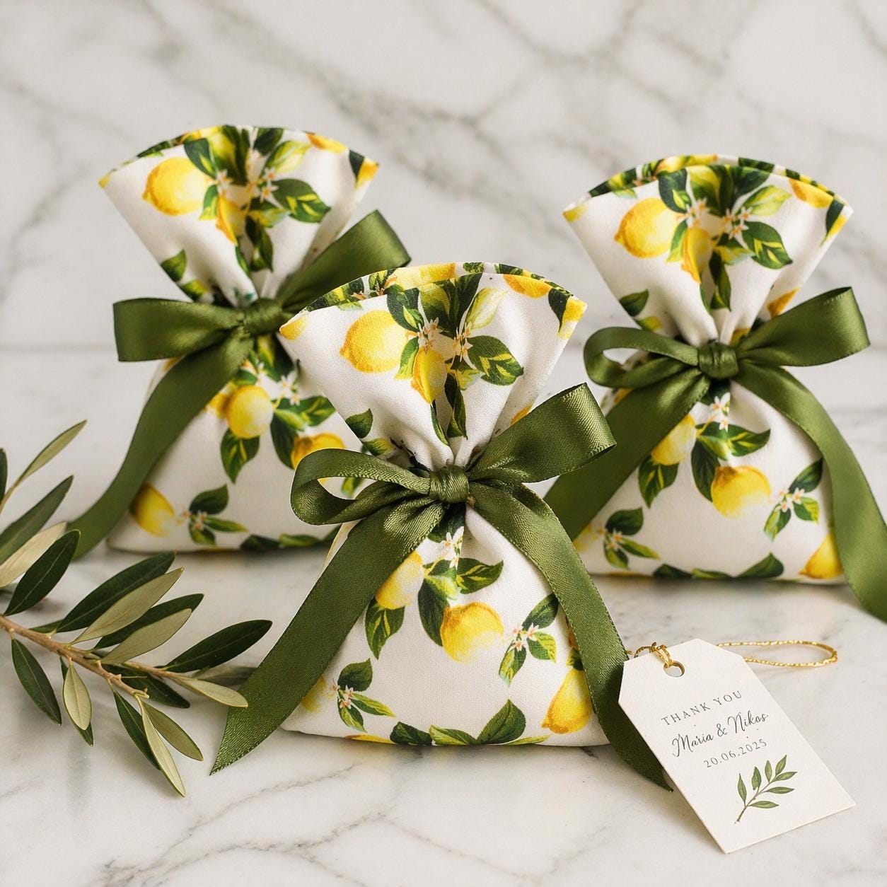 Lemon Wedding Favor Bags with Sugared Almonds – Greek Bombonieres – Italian Bomboniere – Mediterranean favors – Set of 10