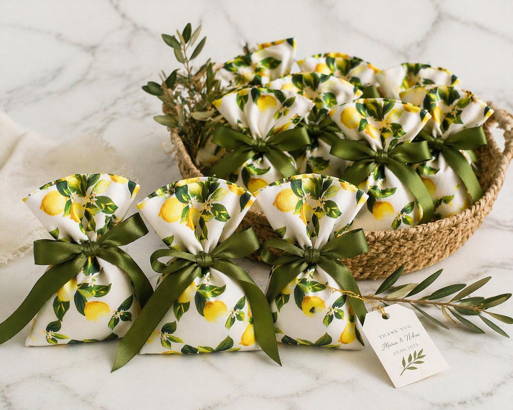 Lemon Wedding Favor Bags with Sugared Almonds – Greek Bombonieres – Italian Bomboniere – Mediterranean favors – Set of 10