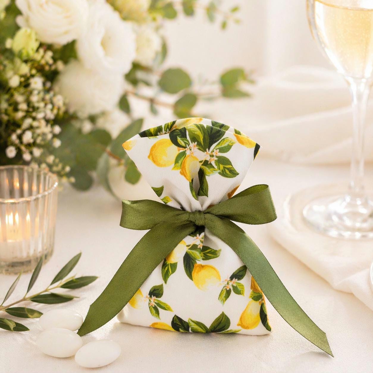 Lemon Wedding Favor Bags with Sugared Almonds – Greek Bombonieres – Italian Bomboniere – Mediterranean favors – Set of 10