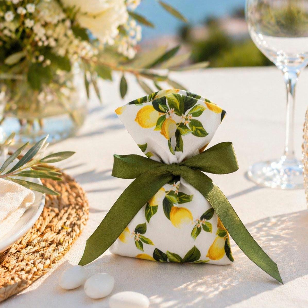 Lemon Wedding Favor Bags with Sugared Almonds – Greek Bombonieres – Italian Bomboniere – Mediterranean favors – Set of 10