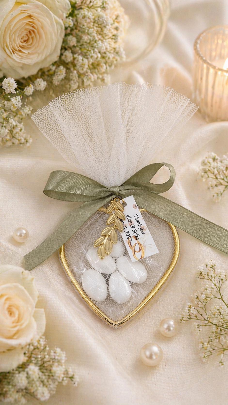 Greek Wedding Favor Set of 10, Bomboniera with Koufeta, Heart Metal Ring with Olive Leaf, Bridal Shower and Engagement Gift