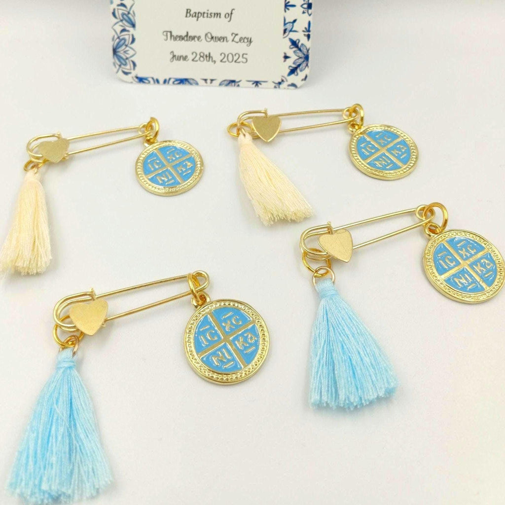 10 pcs, Martyrika Baptism safety pins Greek baptism favors for boy, Konstantinato cross ,First communion Cristening  favors, Witness pins
