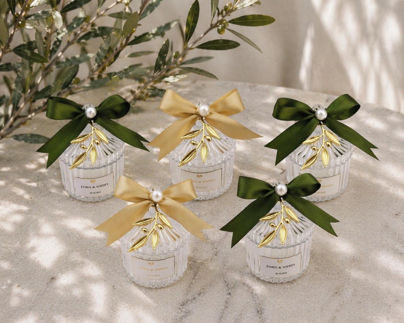 Acrylic Olive Branch Wedding Shower Bomboniere, Personalized Candy Box with Koufeta, bridal party, Set of 10