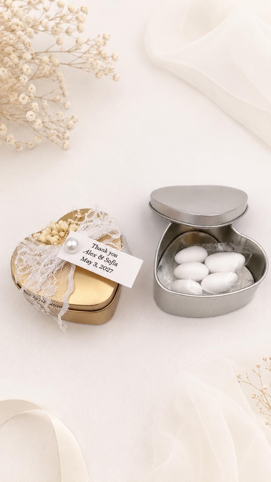 Heart Wedding Favor Box with Koufeta, Greek Boubounieres, Italian Bomboniere, Metal Heart Tin box, Mediterranean Wedding Favor (10 pcs)