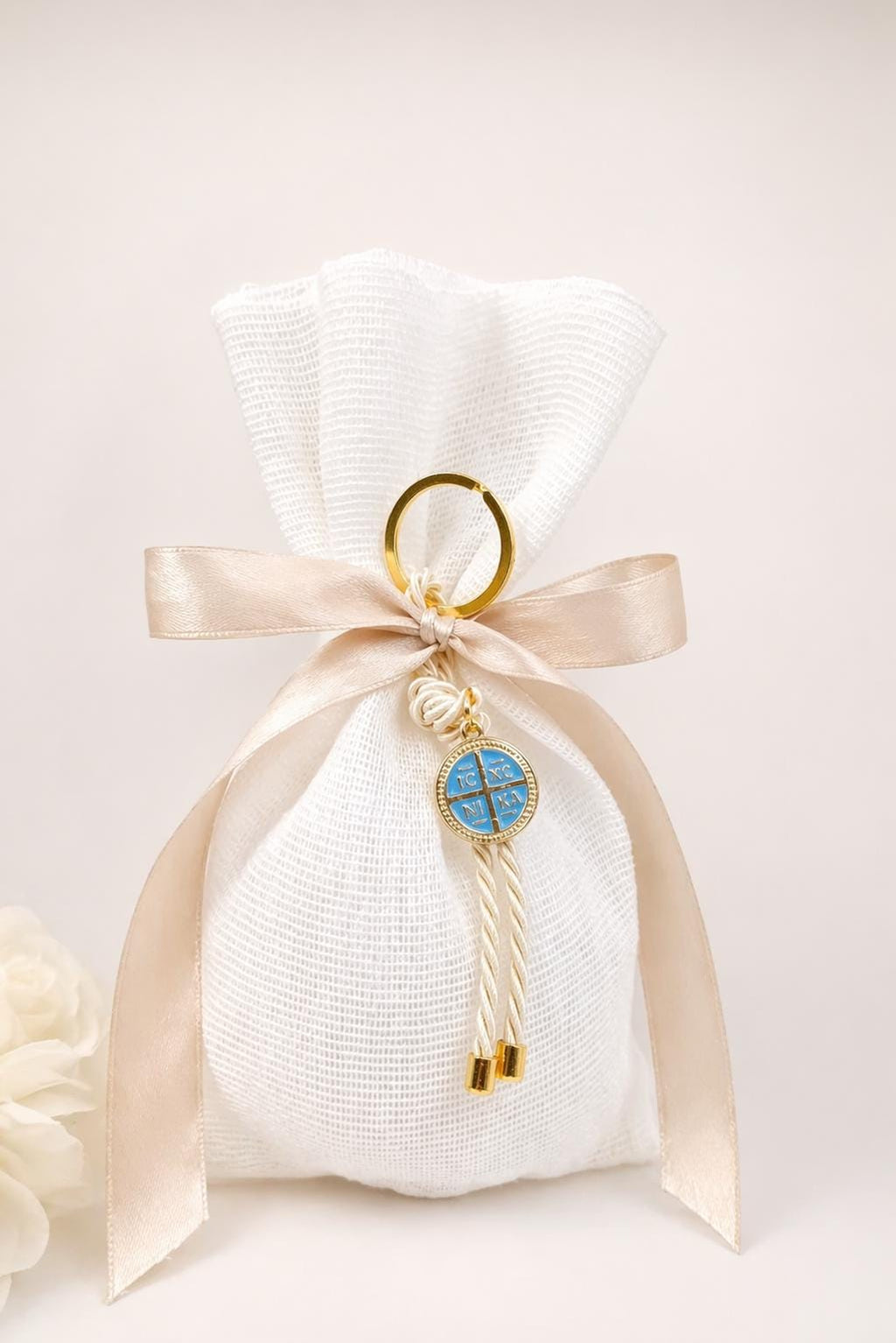 Baptism Cross Keychain Favors | Almond Bomboniere Set of 10 | Christening & Communion Favors